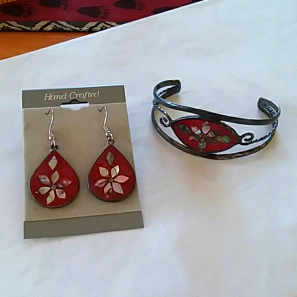 ❤️Vintage Mexican Silver Abalone Earrings Bracelet Red Flowers Valentine's Day